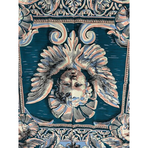 Bob Mackie Designer Angel Print Silk Scarf Square Blue Teal Multi Wrap NWB - Picture 7 of 11